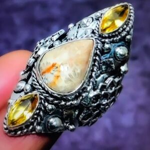 Citrine Fossil Coral Stamped 925 Sterling Silver Ring
